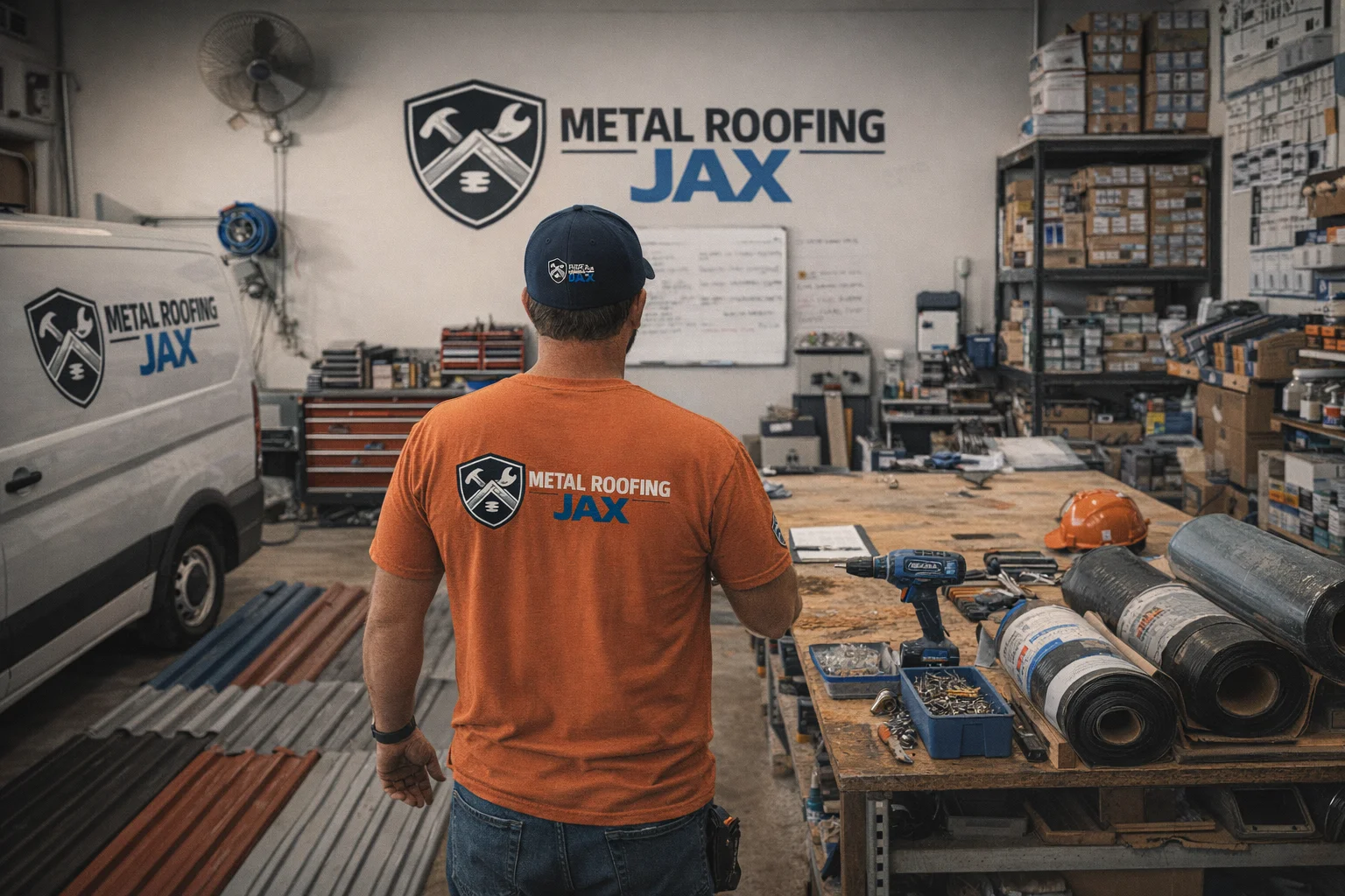 Metal roofing materials staged in a Jacksonville contractor workspace